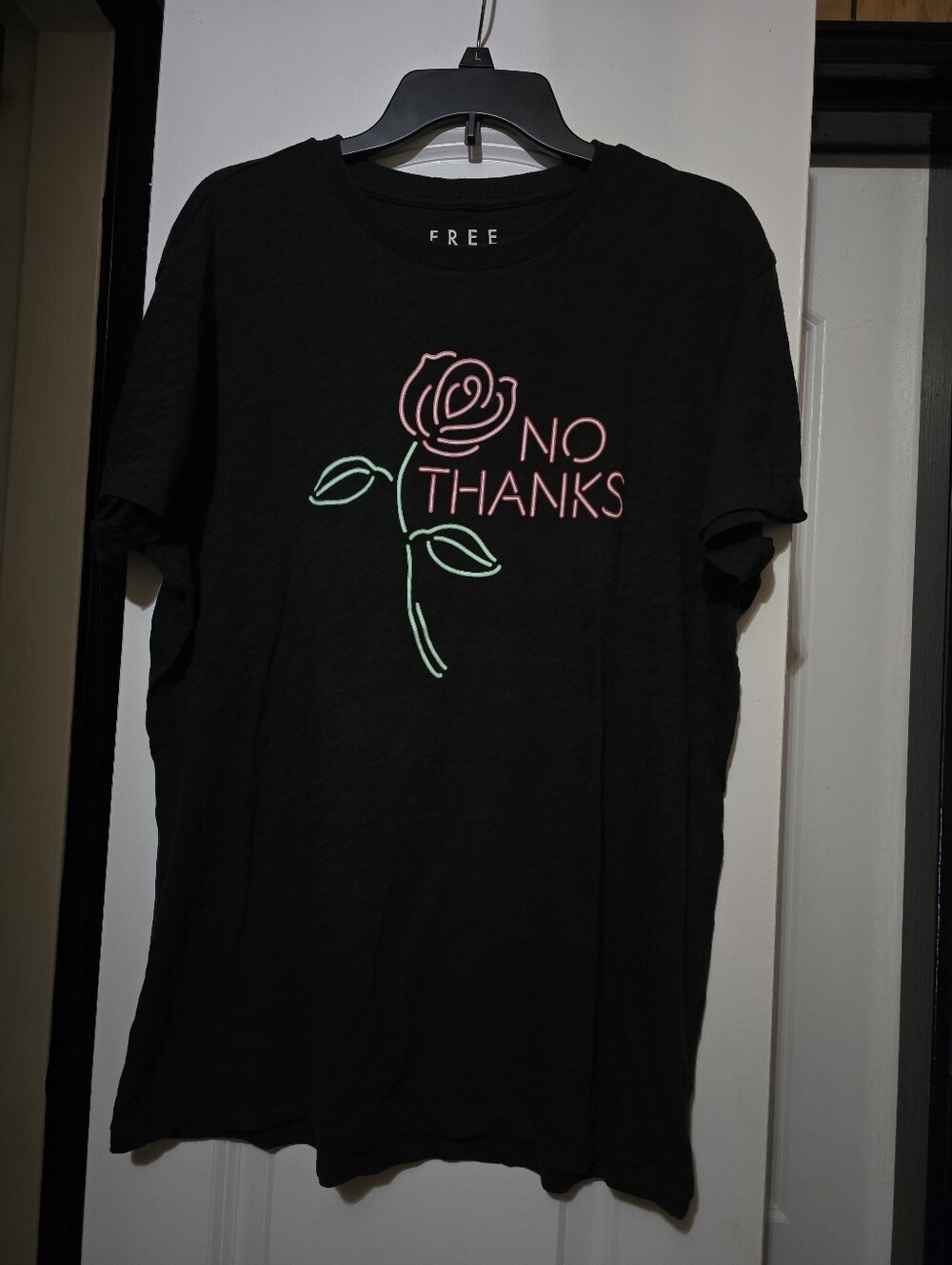 Free State Women's Black Tee with Red & Mint Rose Graphic W No Thanks Printed -M